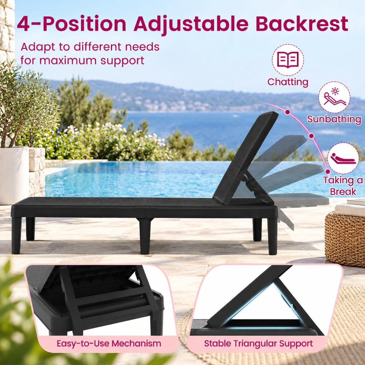 Airfind Outdoor Chaise Lounger Chair with Waterproof Rattan Textured PP Surface and 330 lbs Capacity, 330 lbs Capacity, PP Frame, Black