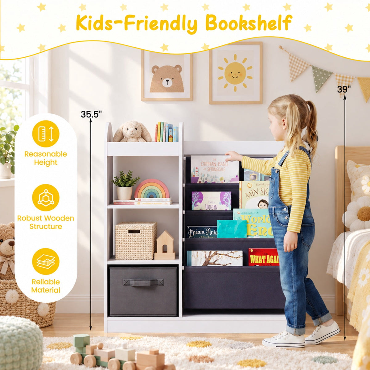Airfind Toy Storage Organizer with 4-Tier Sling Shelves, 22 lbs Capacity, MDF Pine Wood Fabric Frame for Everyday Use, White