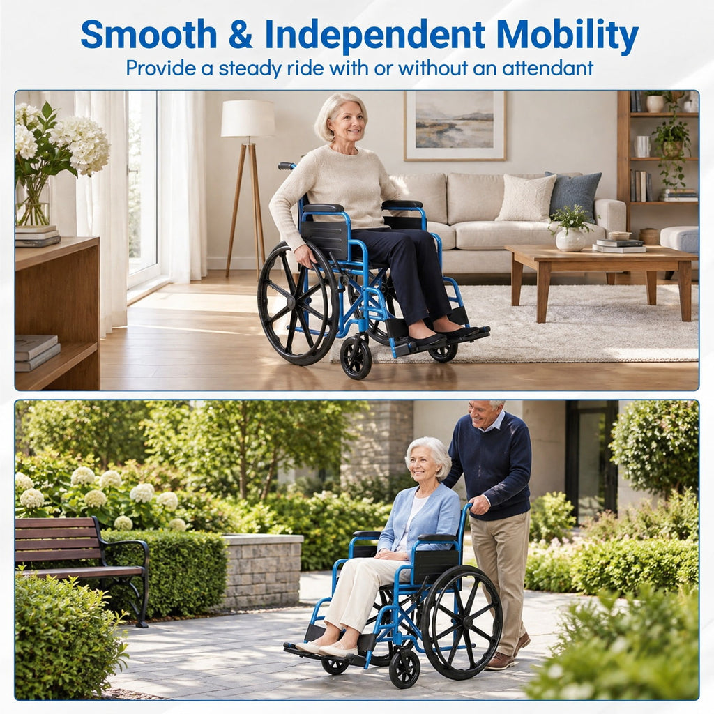 Airfind Lightweight Folding Wheelchair for Adults with Swing-Away Footrest and Desk Arm, 330 lbs Capacity, Metal Faux Leather Nylon Plastic Frame