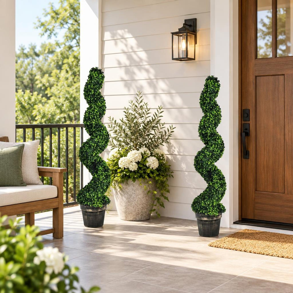 Airfind 2 Pack 4 Feet Artificial Spiral Boxwood Topiary Indoor Outdoor Decor, PE iron tube cement, 9.5 Inch x 9.5 Inch x 47 Inch (L x W x H) Pot