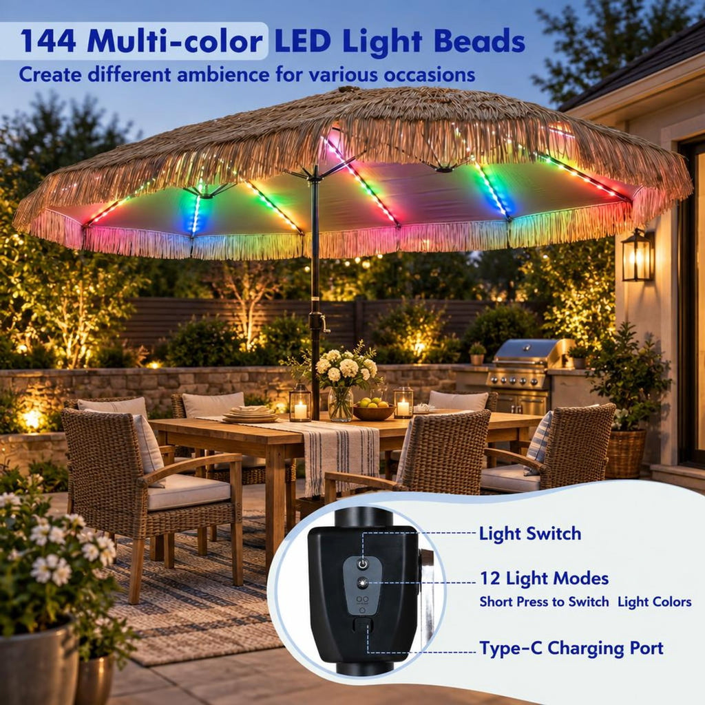 Airfind 15 x 9 FT Solar Double-sided Patio Umbrella with 144 Multi-colored Flowing Lights 12 Modes and 12 Ribs, Brown