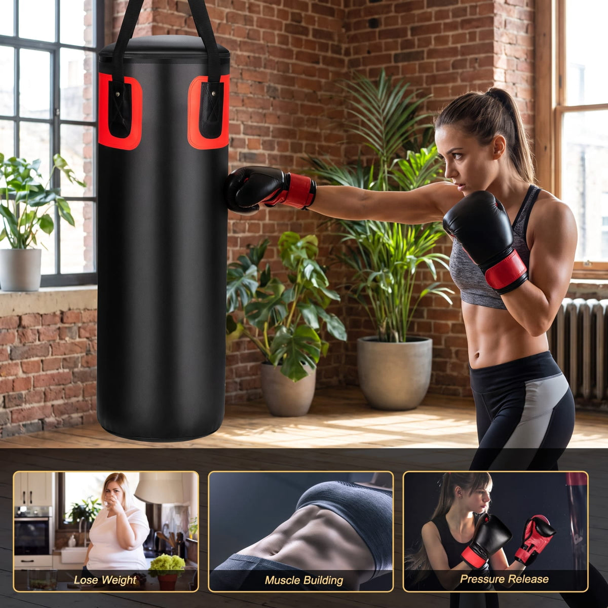 Airfind 56 Pound Filled Hanging Punching Bag Set for Adults with Hand Wraps and Boxing Gloves for Home Boxing Training, Black