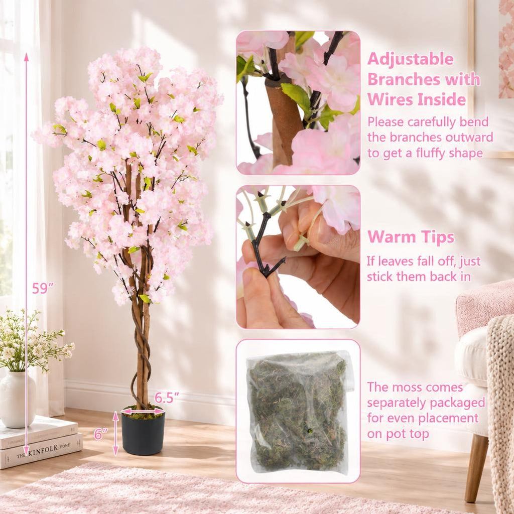 Airfind Artificial Cherry Blossom Tree, 5 FT Tall, with Flowers-1 Pack, Polyester Fabric PP PE Solid Wood Tree Height 59 Inch Pot Frame, Pink