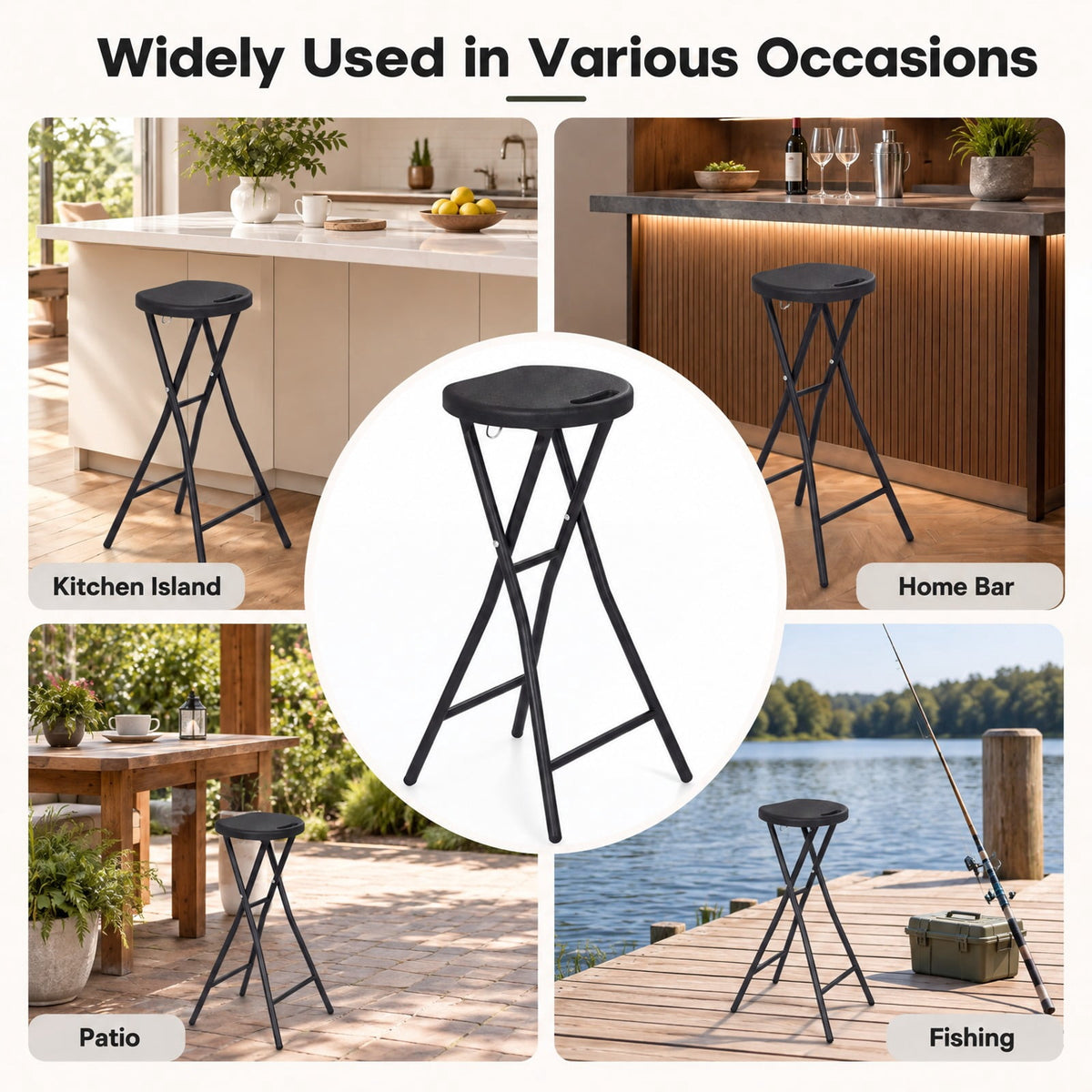 Airfind Set of 2 Folding Bar Stool 27.5in with HDPE Seat and Carry Handle for Kitchen Bar, 330 lbs Capacity, Metal HDPE Frame, Black