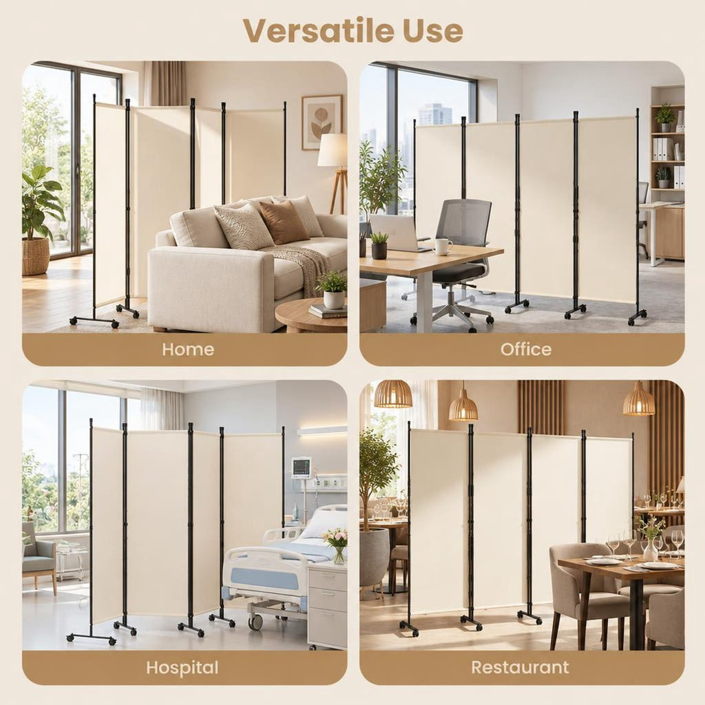 Airfind 4-Panel Room Divider with Lockable Wheels for Living Room, Polyester Fabric Metal Frame, 87in x 14in x 68in Footprint, Beige