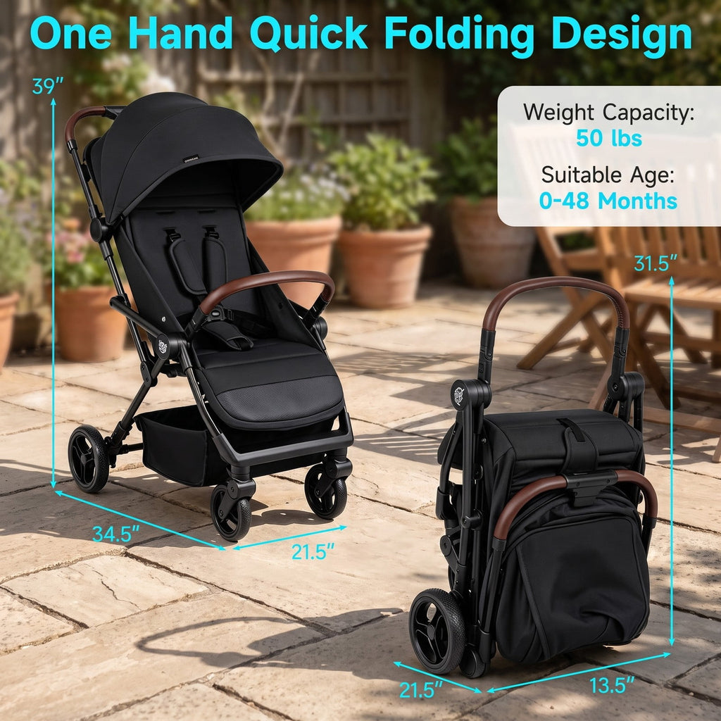 Airfind Lightweight Baby Stroller with One-Hand Folding and Adjustable Canopy for Toddlers, 50 lbs Capacity, Metal Aluminum Fabric Frame, Black