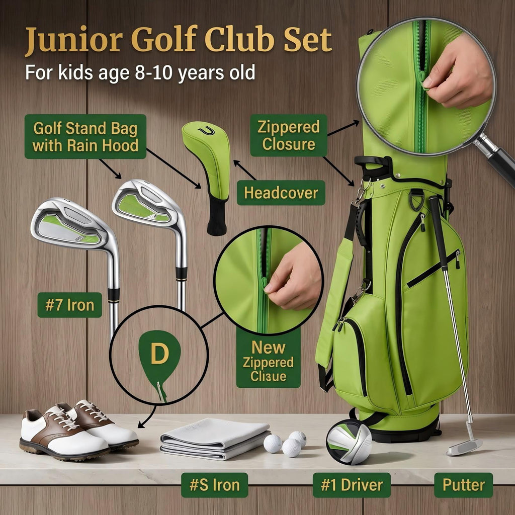 Airfind Junior Complete Golf Club Set for Kids Ages 8-10, Right Handed Youth Golf Clubs with Stand Bag, Rain Hood, Driver, Irons and Putter, Green