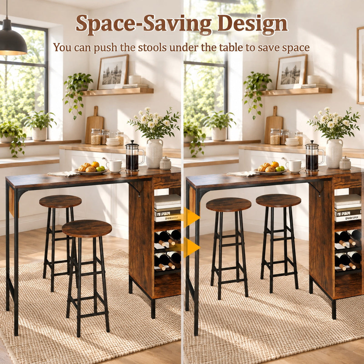 Airfind 3 Piece Bar Table and Chairs Set with 6-Bottle Wine Rack, MDF Metal, 48 Inch X 15.5 Inch X 48 Inch for Convenient Everyday Use, Brown