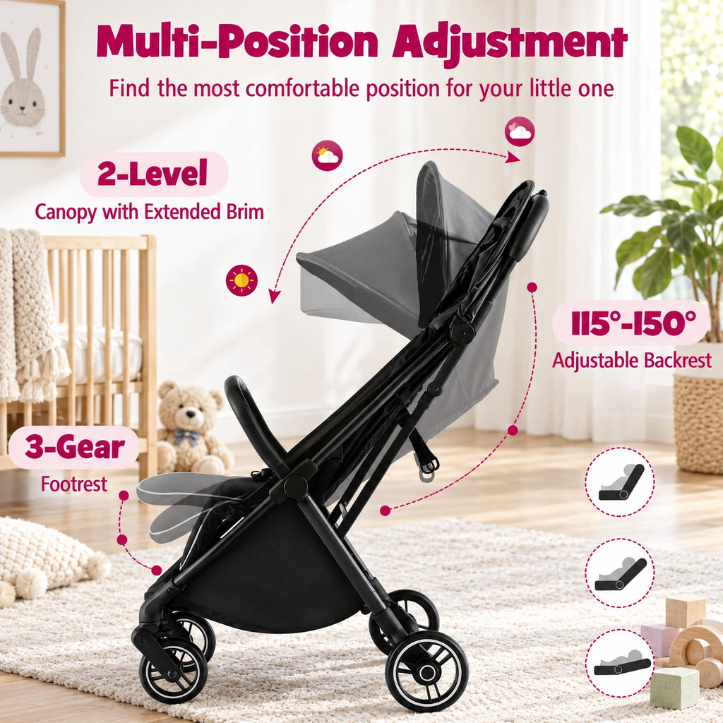 Airfind One-Hand Folding Portable Lightweight Baby Stroller with Aluminum Frame, 33 lbs Capacity, Aluminum polyester EVA Frame, Black