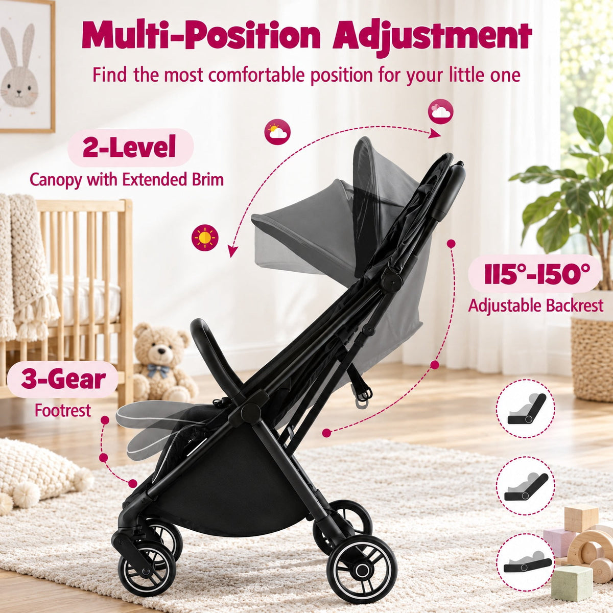 Airfind One-Hand Folding Portable Lightweight Baby Stroller with Aluminum Frame, 33 lbs Capacity, Aluminum polyester EVA Frame, Black