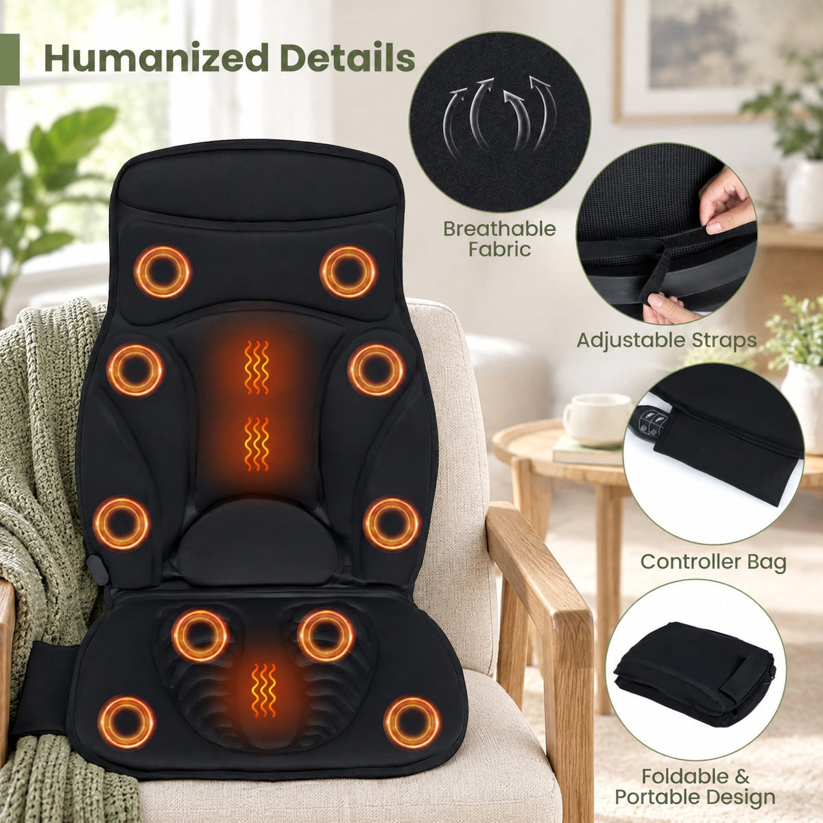 Airfind Back Massager Seat Cushion with Heat and 10 Vibration Motors for Pain Relief, Sponge Polyester Frame, 41.34 x 19.69 x 1.38 Footprint