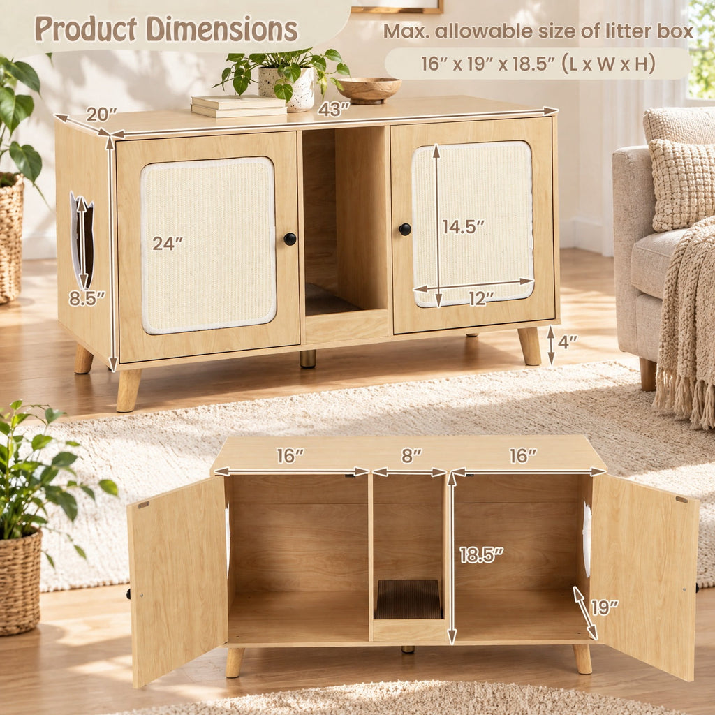 Airfind 43 Inches Cat Litter Box Enclosure with Double Rooms and 2 Sisal Scratching Mats, Engineered Board Frame, 43 x 20 x 24 Footprint, Natural