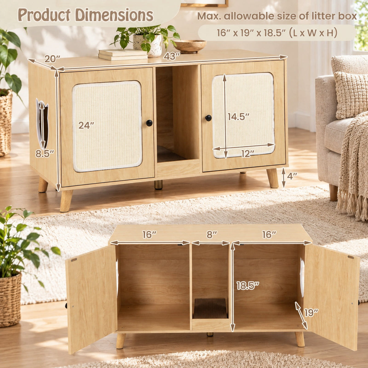 Airfind 43 Inches Cat Litter Box Enclosure with Double Rooms and 2 Sisal Scratching Mats, Engineered Board Frame, 43 x 20 x 24 Footprint, Natural