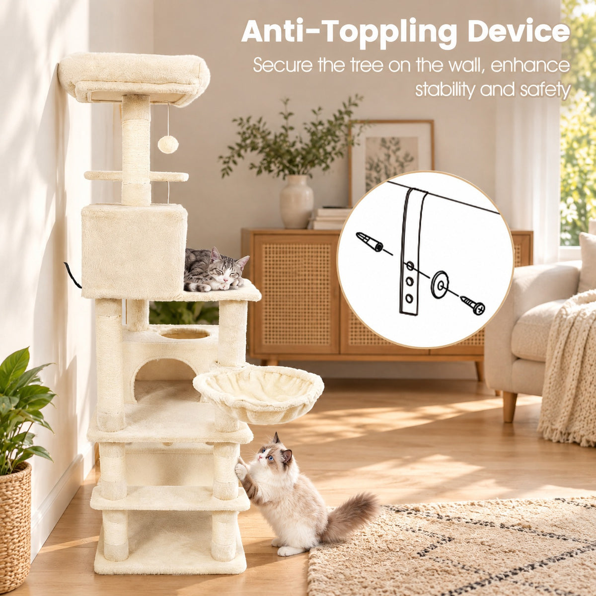 Airfind 66 Inch Tall Cat Tree Multi-Level Cat Tower with 2 Condos Sisal Scratching Posts, 33 lbs Capacity, Beige
