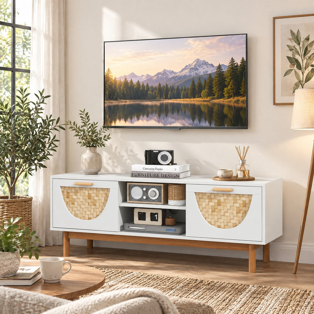 Airfind Mid Century Modern TV Stand Entertainment Center for 55-Inch TV with 2 Drawers and Bamboo Woven Fronts, MDF Frame, White