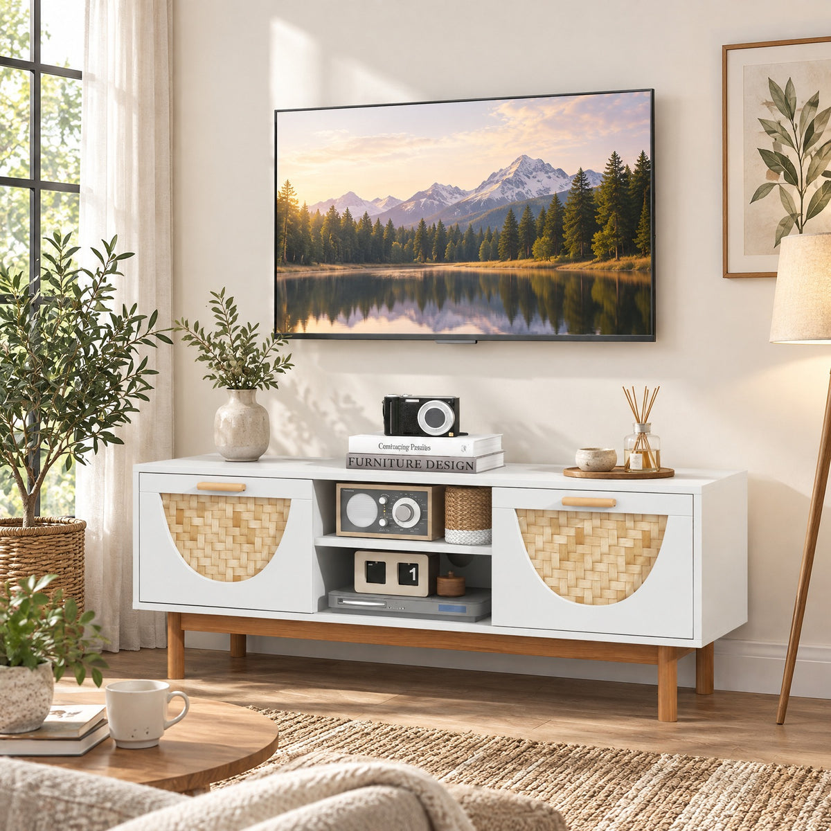 Airfind Mid Century Modern TV Stand Entertainment Center for 55-Inch TV with 2 Drawers and Bamboo Woven Fronts, MDF Frame, White