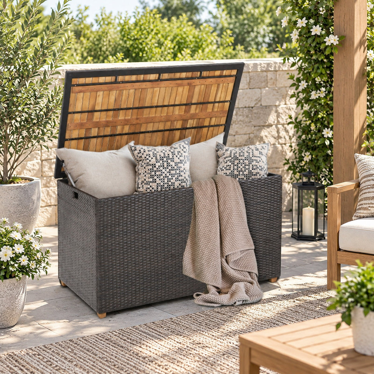 Airfind 134 Gallon Rattan Storage Box with Zippered Liner and Solid Acacia Wood Top, wood board 165 lbs Capacity, 51in x 28.5in x 28in Footprint, Wood