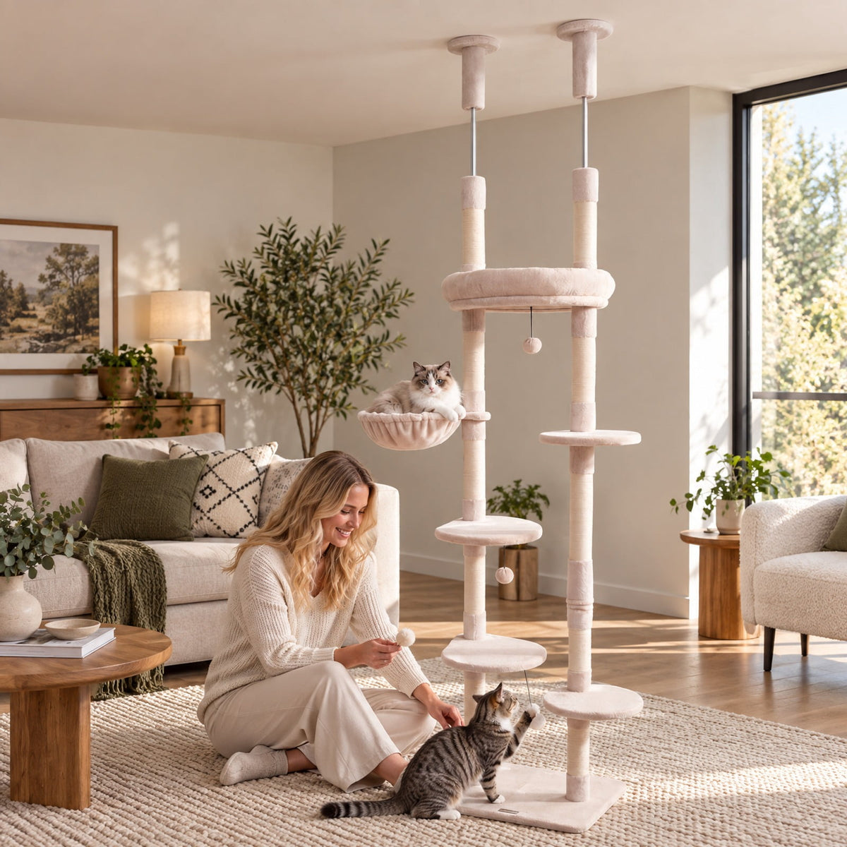 Airfind 6-tier Floor to Ceiling Cat Tree with Plush Bed and Sisal Scratching Posts, 33 kg Capacity, Plywood Plush Metal Sisal Rope Frame, Beige