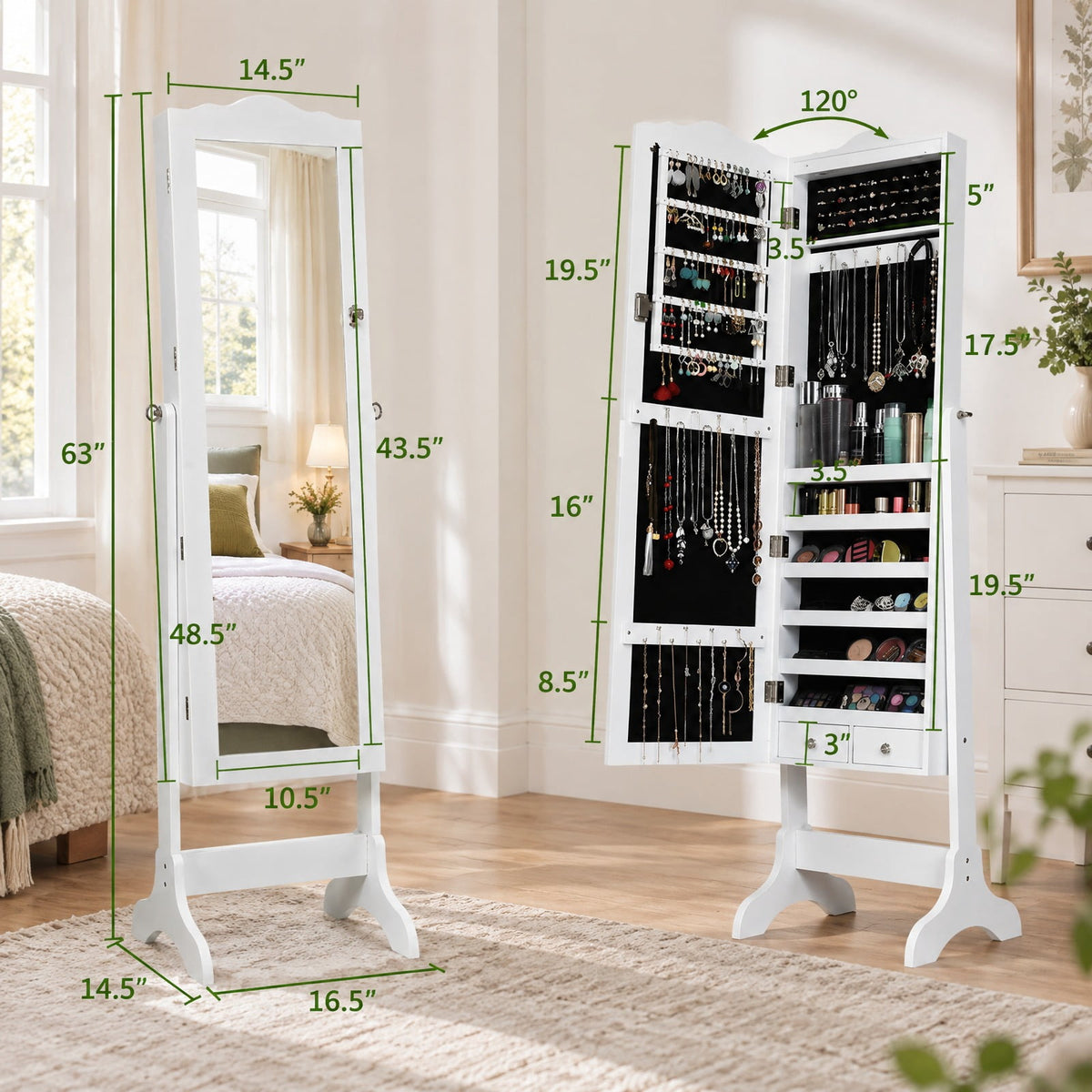 Airfind 14 LED Jewelry Armoire Cabinet with Full Length Mirror and 4 Tilting Angles, MDF board Frame, 18 x 14.5 x 63 Footprint, White