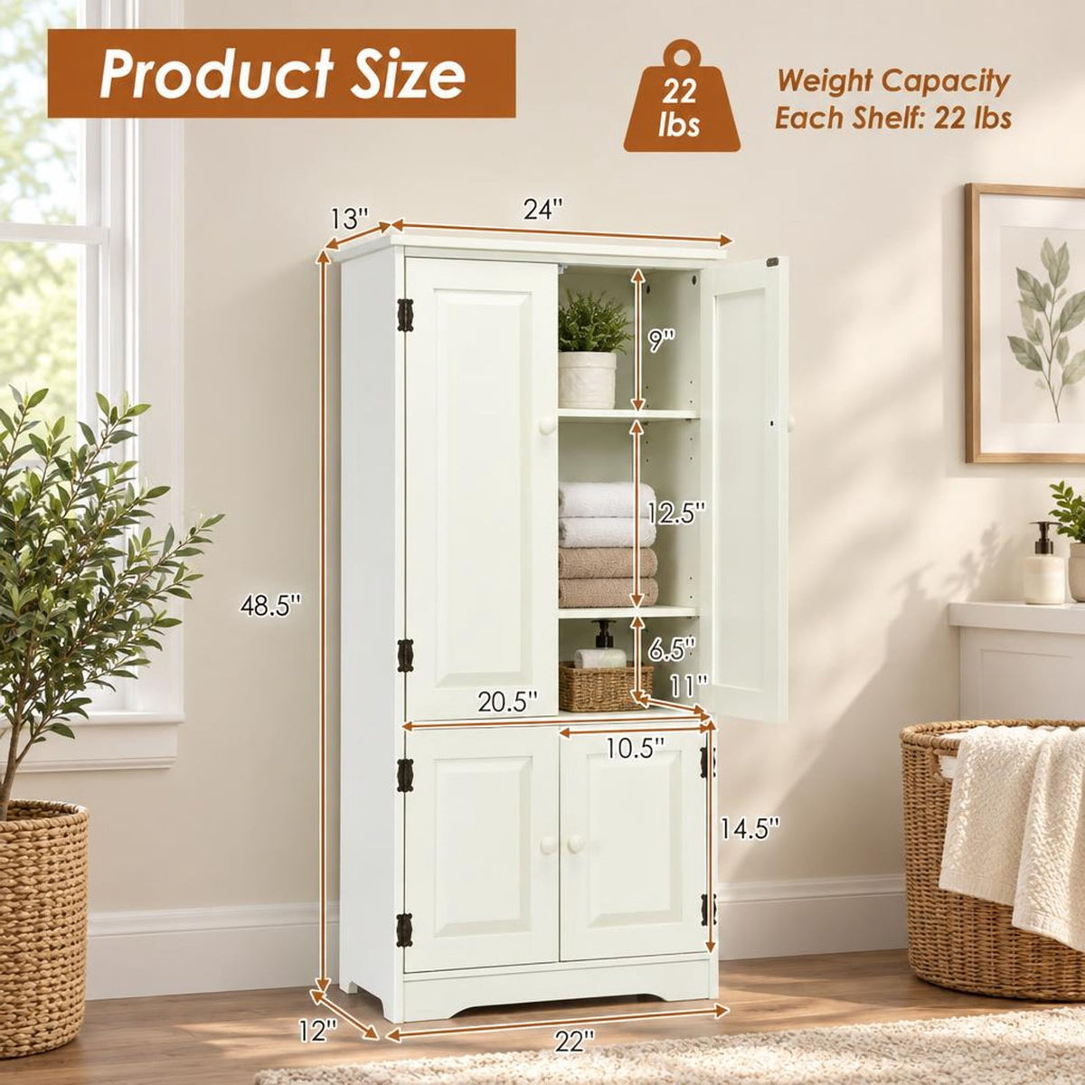 Airfind Accent Storage Cabinet Adjustable Shelves, MDF Frame, 24in x 13in x 49in (L x W x H) Other Footprint, White