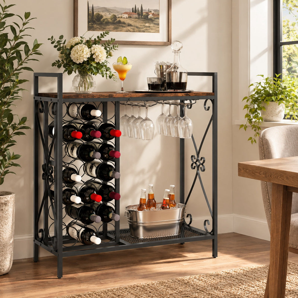 Airfind 21 Bottle Wine Rack Freestanding Floor Wine Bottle Organizer with Glass Holder, 44 lbs Capacity, Metal Engineered Wood Frame, Brown