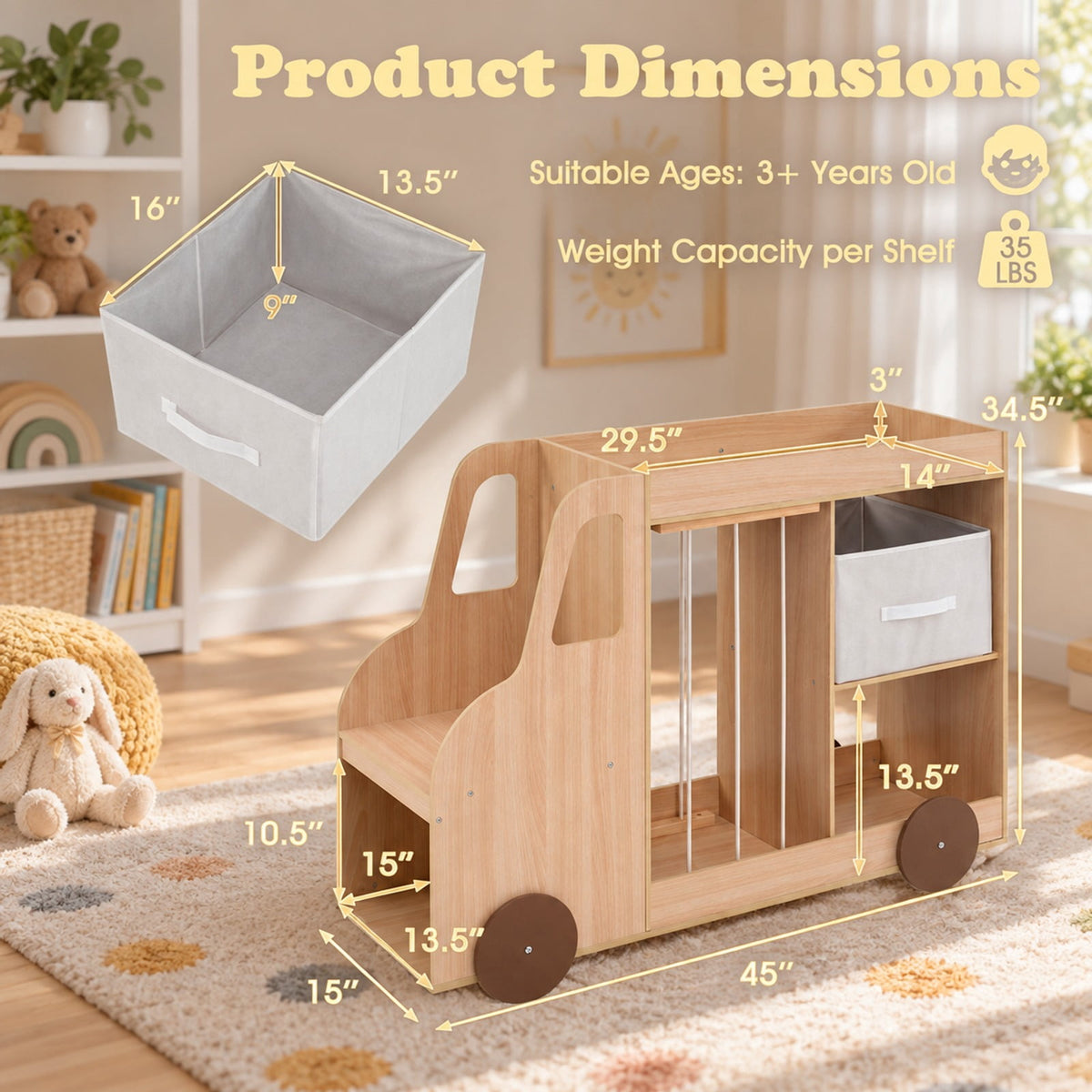 Airfind Toy Storage Organizer with Stuffed Animal Storage Fabric Drawer and Universal Wheels, 35 lbs Capacity, for 3+ Years Old, Natural