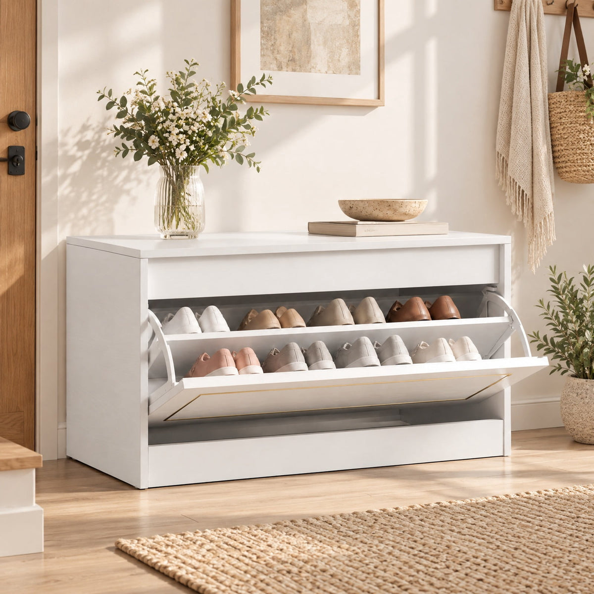 Airfind Narrow Shoe Cabinet with 1 Flip Drawer and Adjustable Shelf for Hallway, 132 lbs Capacity, PB Engineered Wood Frame, White