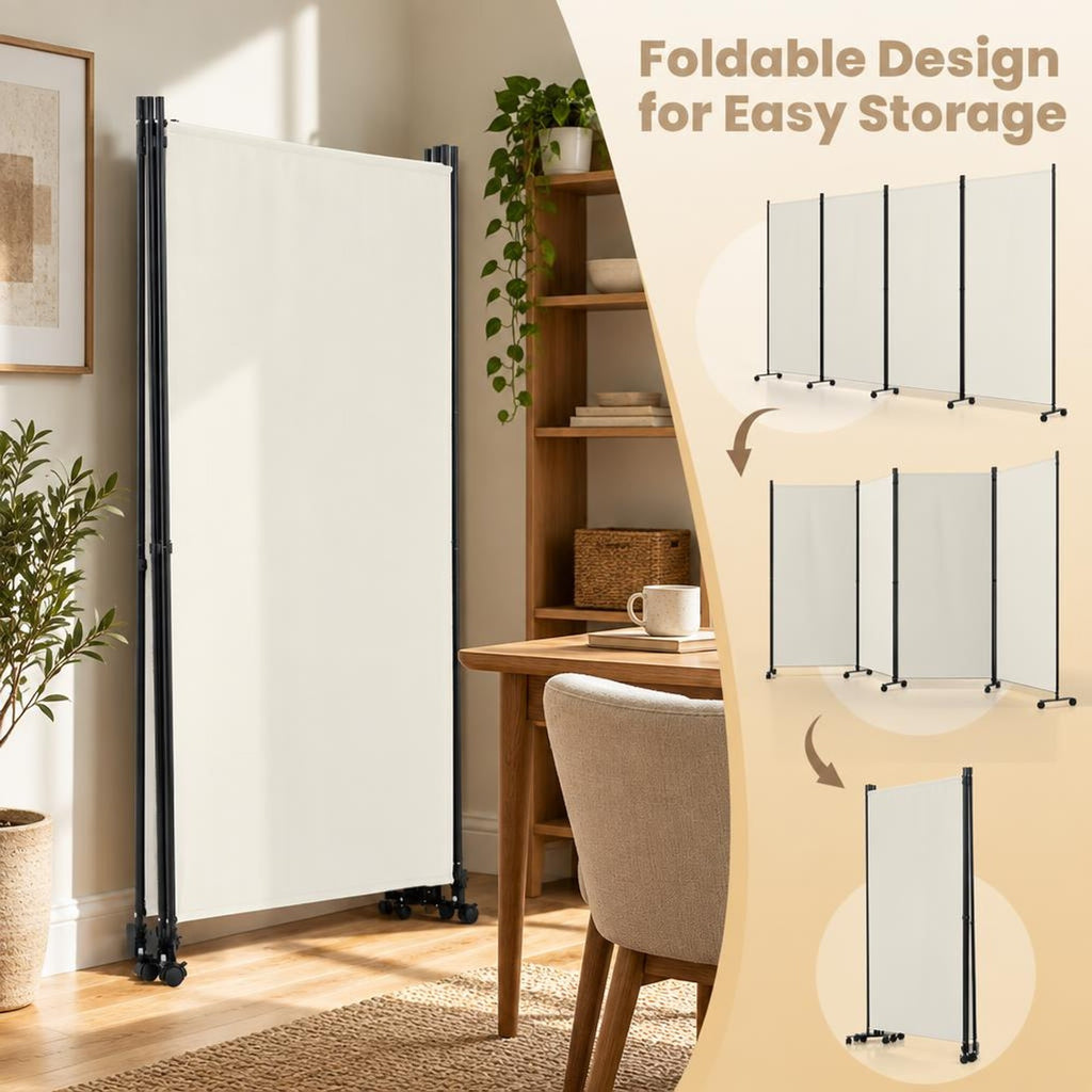 Airfind 4 Panel Folding Privacy Screen Room Divider with Wheels, Polyester Fabric Metal PP Frame, 137 x 12 x 71.5 Footprint, White