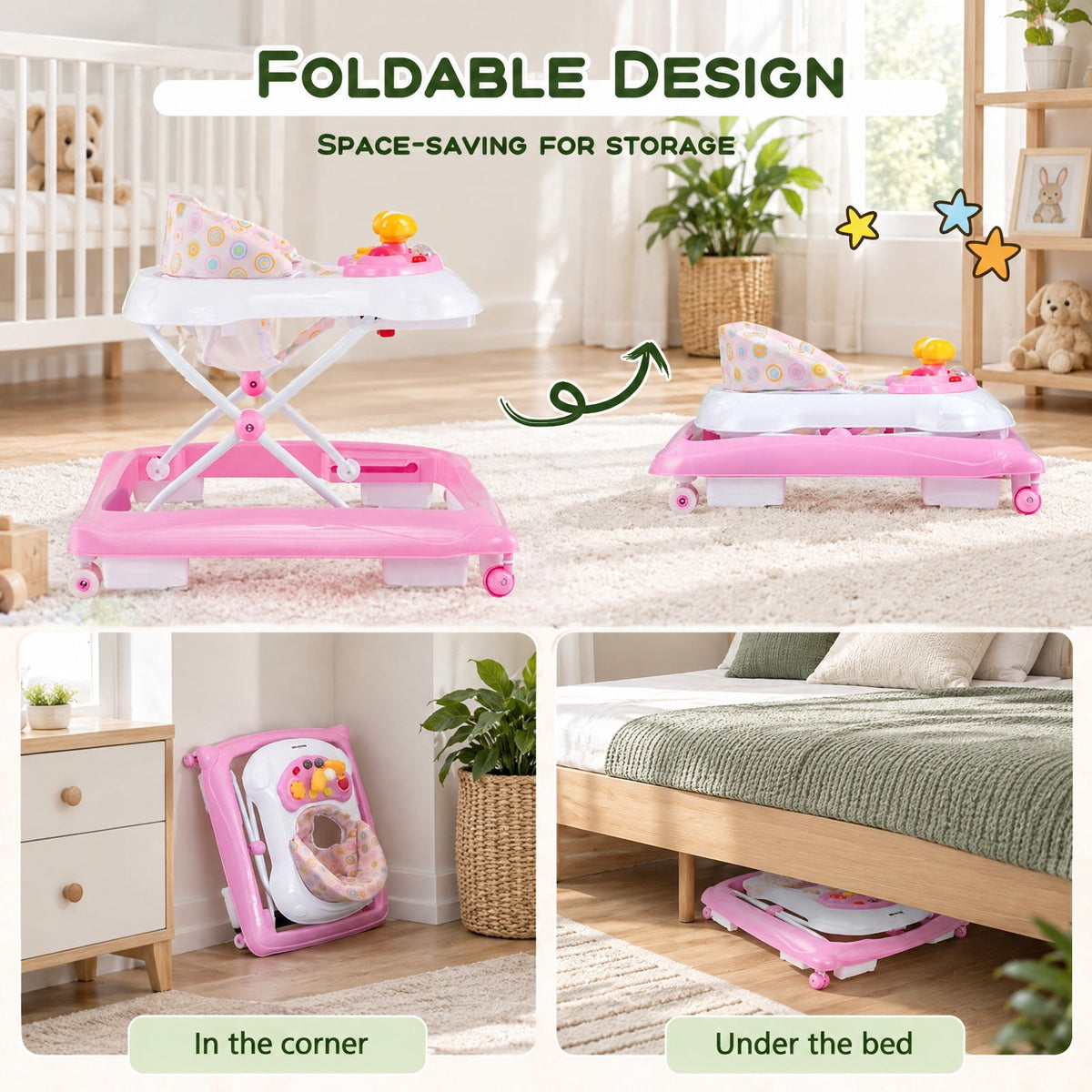 Airfind Foldable Baby Walker with 3 Adjustable Heights and Padded Seat, 26.5 lbs Capacity, PP Frame, for 7-14 months, Pink