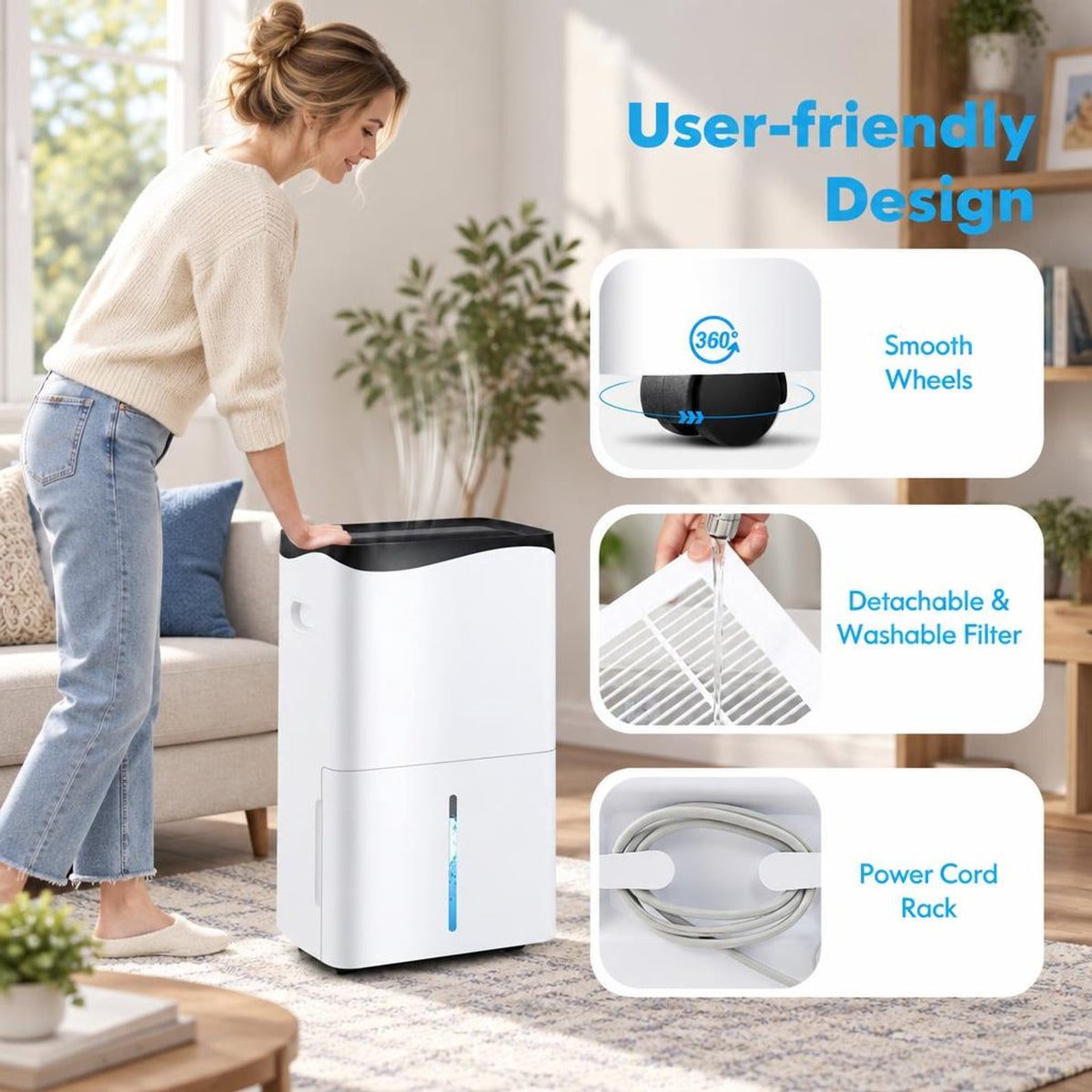 Airfind 100-Pint Dehumidifier with Smart App and Alexa Control for Home and Basements, ABS Frame, 15 x 10 x 25 Footprint, White