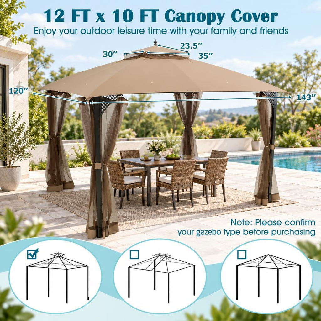 Airfind 10 x 12 Feet Gazebo Replacement Top with Air Vent and Drainage Holes, Polyester Frame, 12 ft x 10 ft Footprint, Brown
