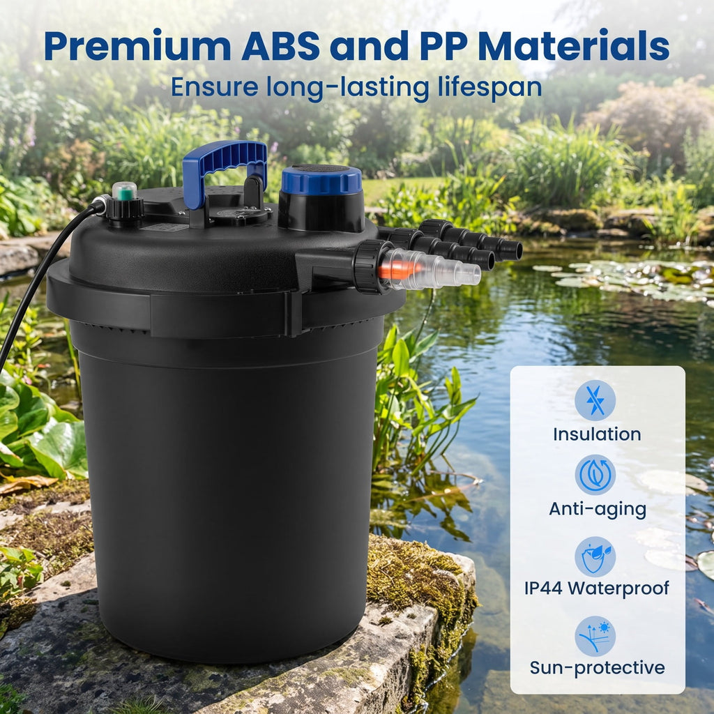 Airfind Bio Pressure Pond Filter with 13W UV-C Light 2642 GPH Pond Filter System, PP ABS Frame, 20 x 16 x 21 Footprint, Black
