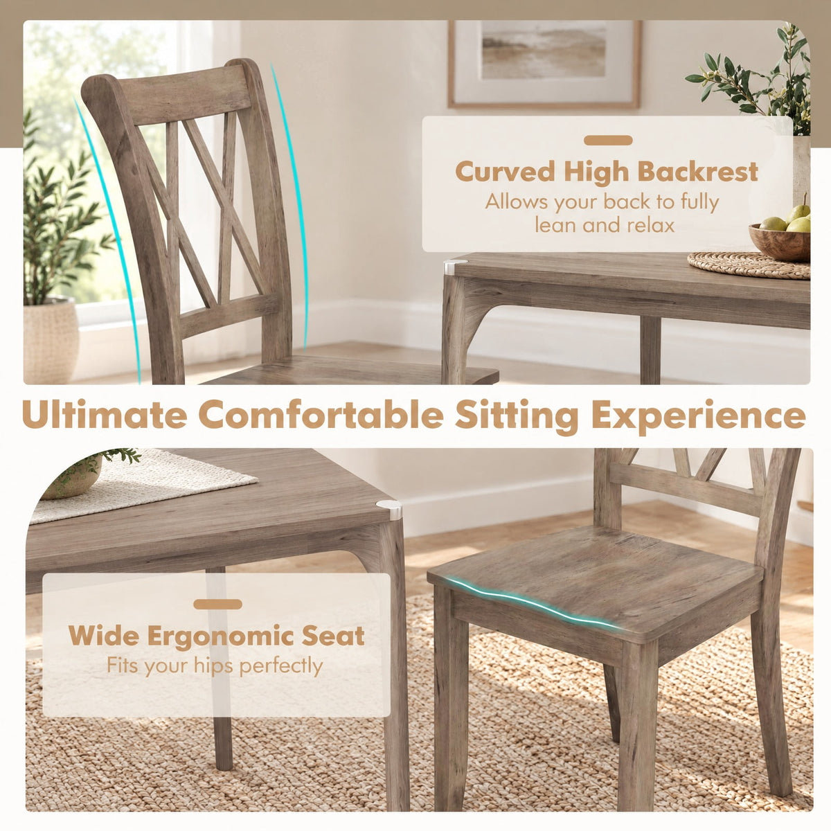Airfind Set of 2 Wooden Dining Chairs Mid Century Farmhouse Retro Kitchen Chairs, 300 lbs Capacity, Rubber Wood Frame, 20 x 23.5 x 39 Footprint