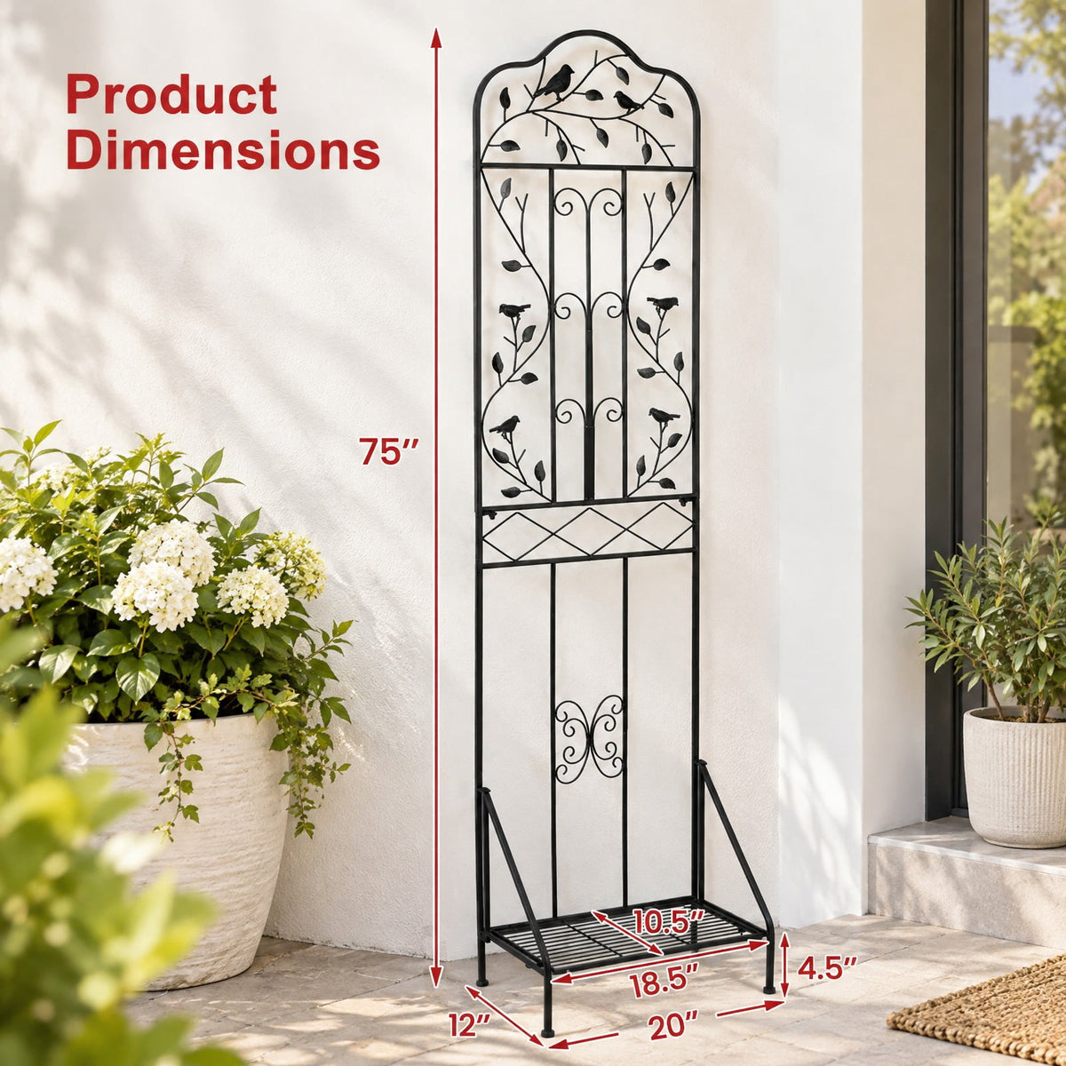 Airfind 75 x 20 Inch Outdoor Metal Garden Trellis with Foldable Bottom Shelf, 33 lbs Capacity, Metal Frame, 20 x 12 x 75 Footprint, Black