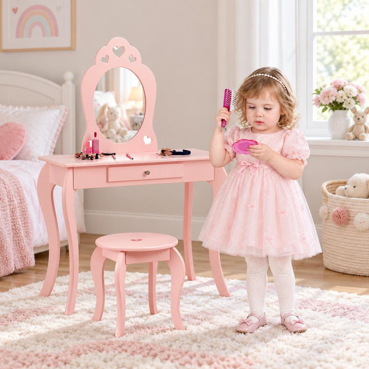Airfind Kids Princess Makeup Dressing Play Table Set with Mirror, 33 lbs Capacity, MDF pine Frame, 27.5 Inch x 13.5 Inch x 41.5 Inch Footprint, Pink