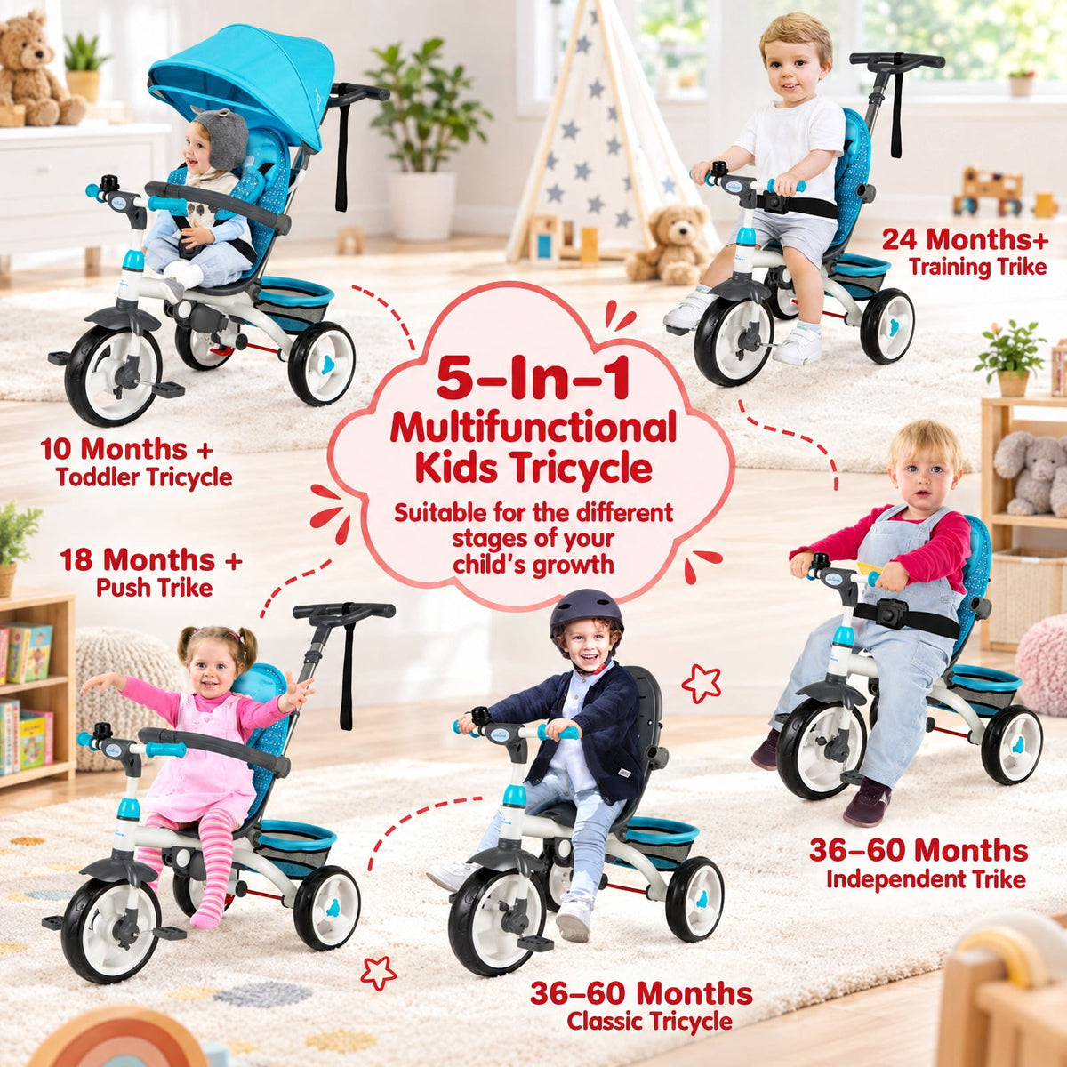 Airfind 5-in-1 Detachable Baby Stroller Tricycle with Round Canopy, Blue, a detachable cushion that is also washable