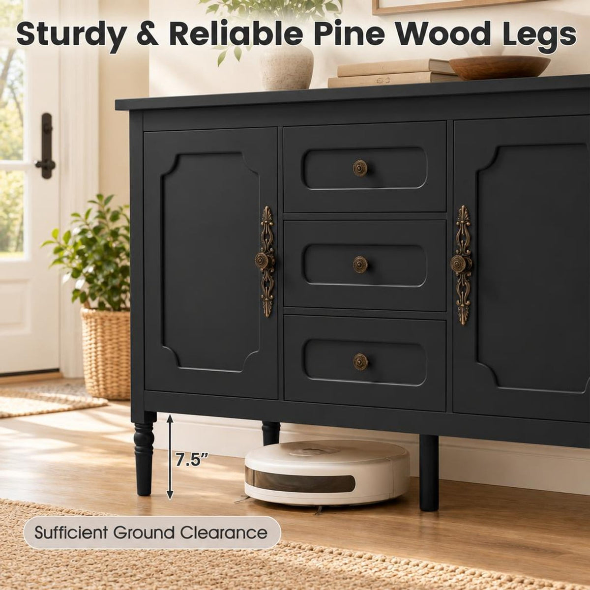 Airfind 47 Inch Vintage Buffet Cabinet with 3 Drawers 2 Cabinets and Adjustable Shelves for Dining Room, 110 Lbs Capacity, 47 Inch X 15.5 Inch X 31.5 Inch, Black