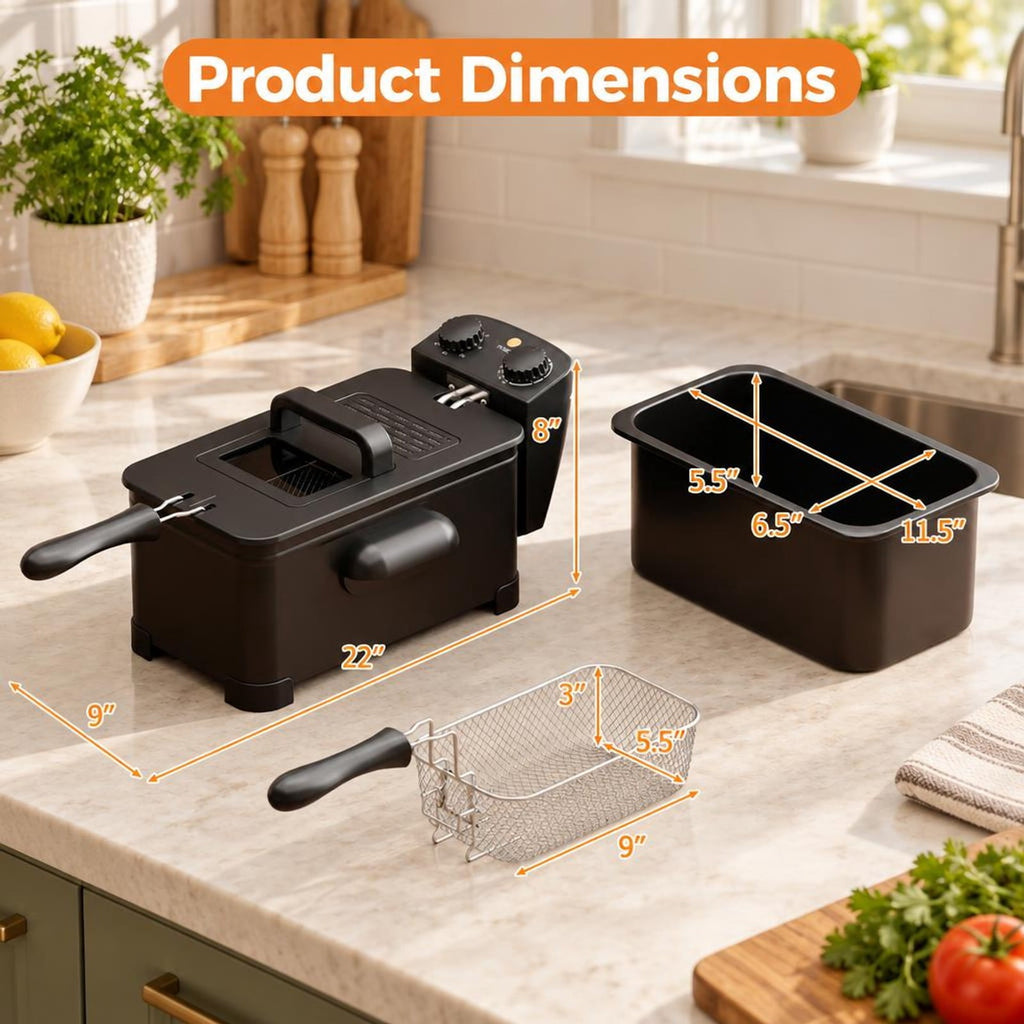 Airfind 3.2 Quart Electric Stainless Steel Deep Fryer featuring Timer, Stainless Steel Iron Frame, 21.5 Inch x 9.5 Inch x 8.5 Inch Footprint, Black