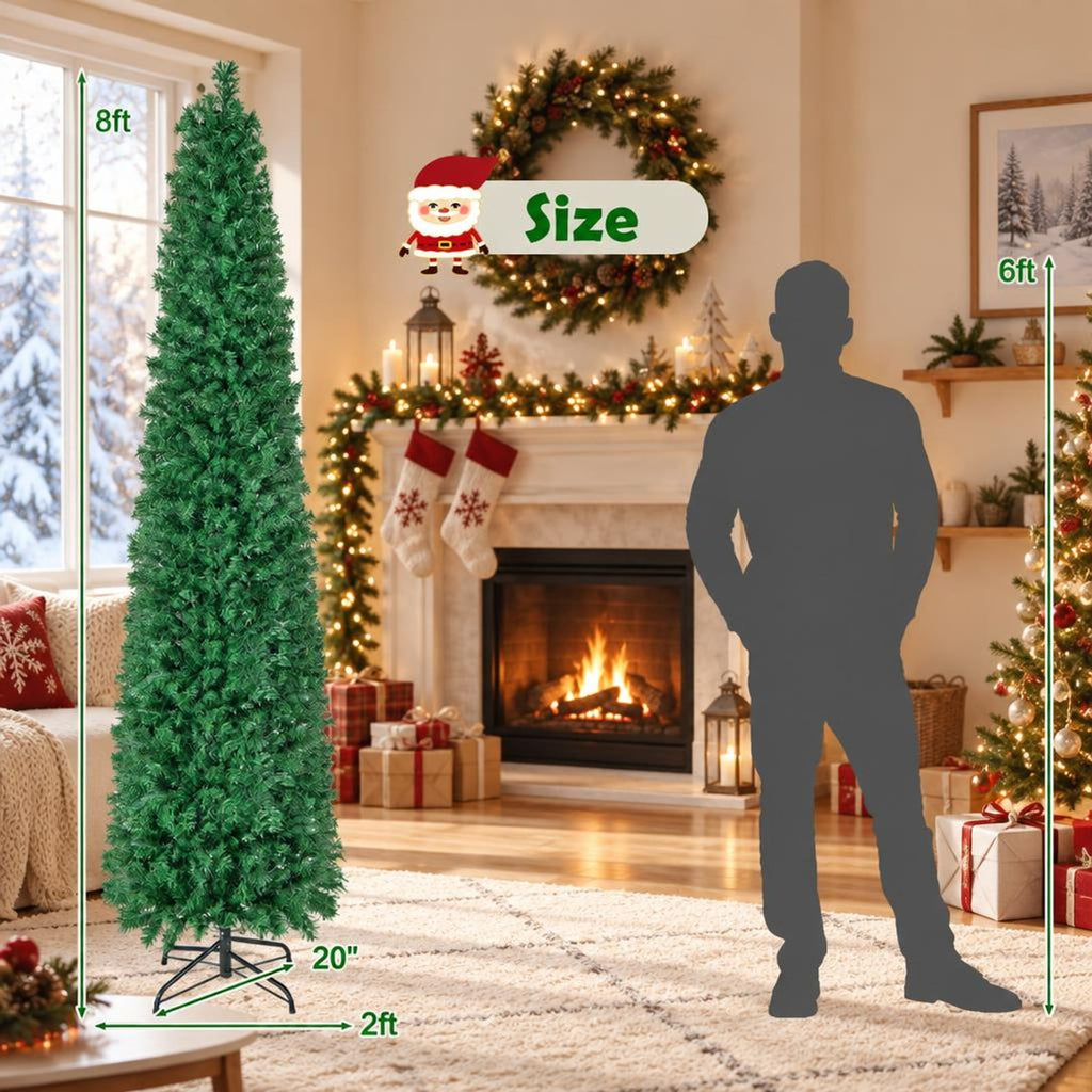 Airfind 5/6/7/8 FT Pre-Lit Christmas Pencil Tree with Colorful Fiber Optics Green-8 ft, PVC Metal Fiber Optics Frame, Green
