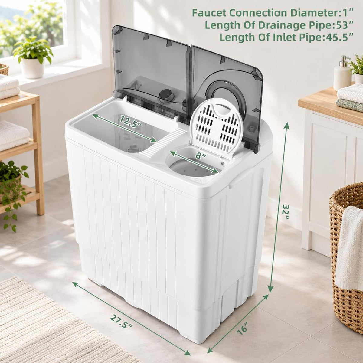 Airfind 26 LBS Twin Tub Portable Washing Machine with Built-In Drain Pump, PP ABS Rated Frame, 27.5 x 16 x 32 Footprint, Gray