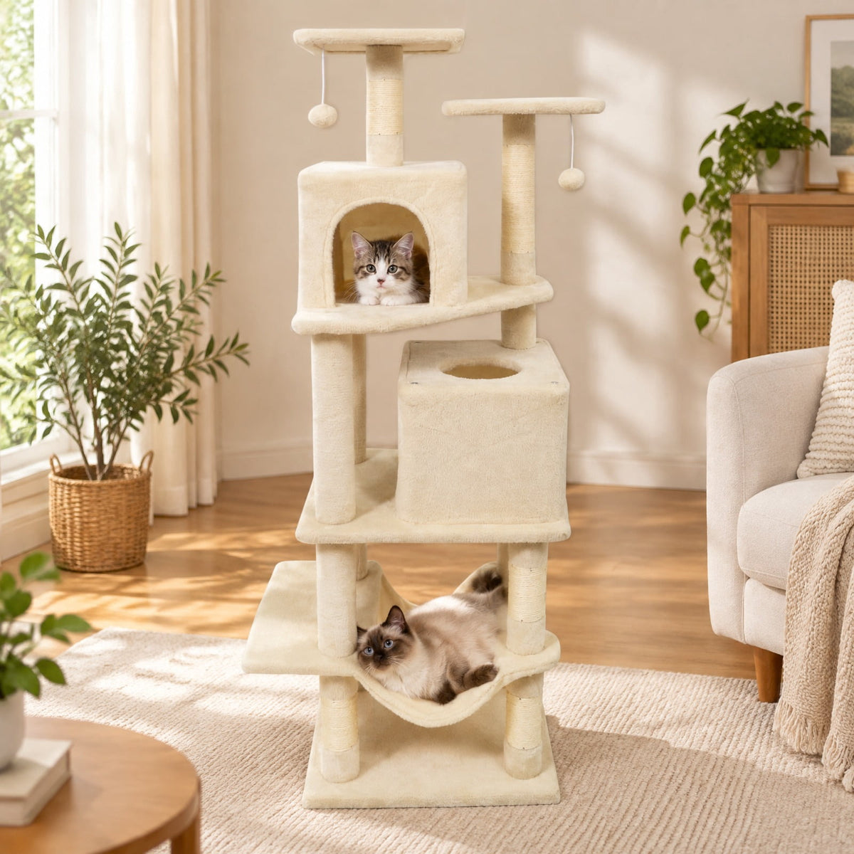 Airfind 57 Inch Cat Tree with Dual Condos and Hammock and 2 Dangling Balls, 29 x 16 Footprint, Beige
