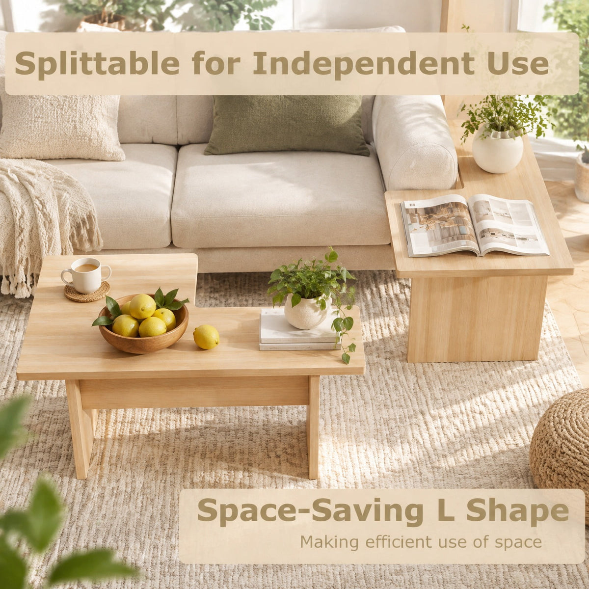 Airfind Modular Coffee Table Set of 2 L Shaped Center Tables for Small Space, 155 Lbs Capacity, Engineered Wood, 35.5 Inch X 20 Inch X 16.5 Inch, Oak