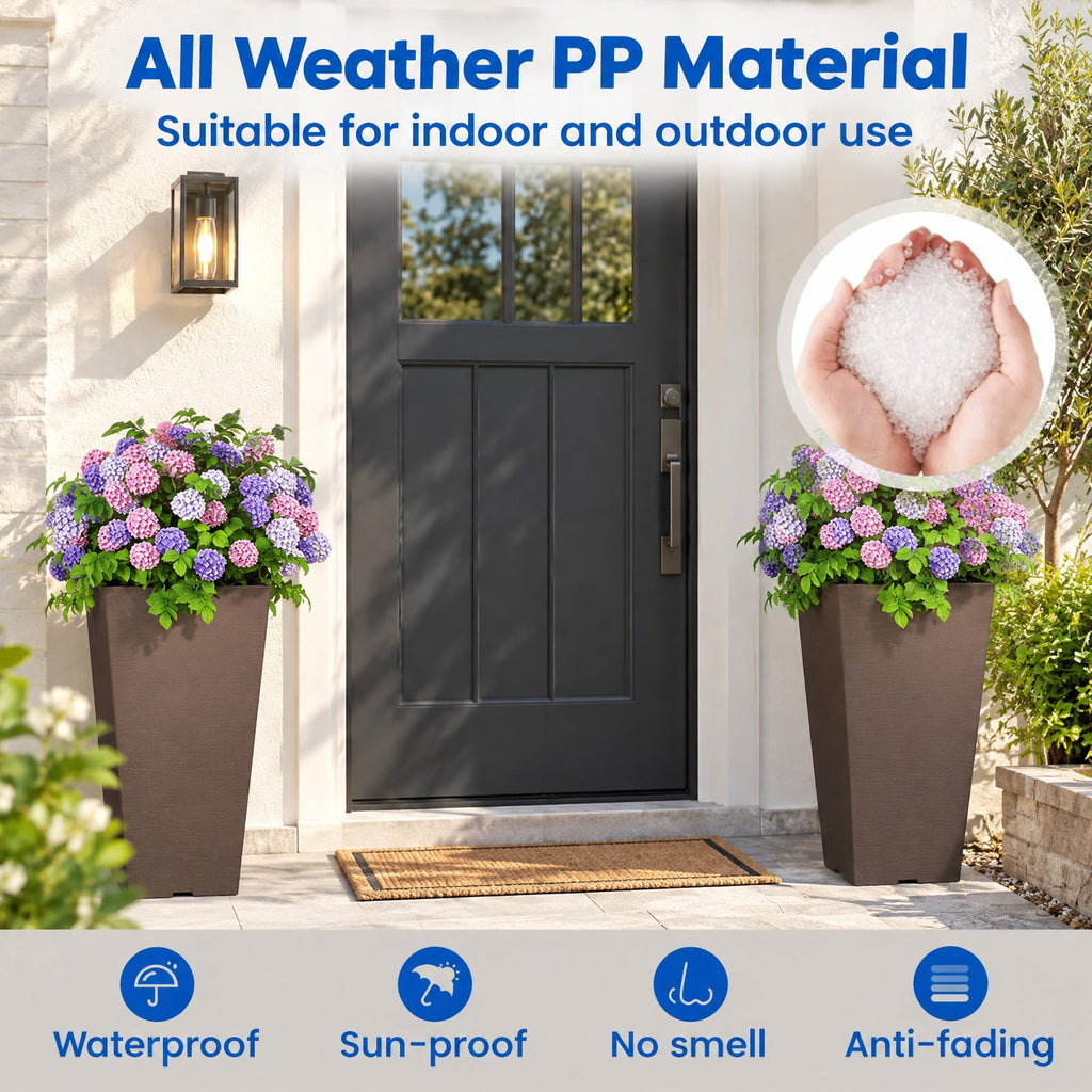 Airfind Set of 2 Square Taper Planter with Removable Inner Bucket and Optional Drainage Hole, PP Frame, 11.5 x 11.5 x 22.5 Footprint, Brown