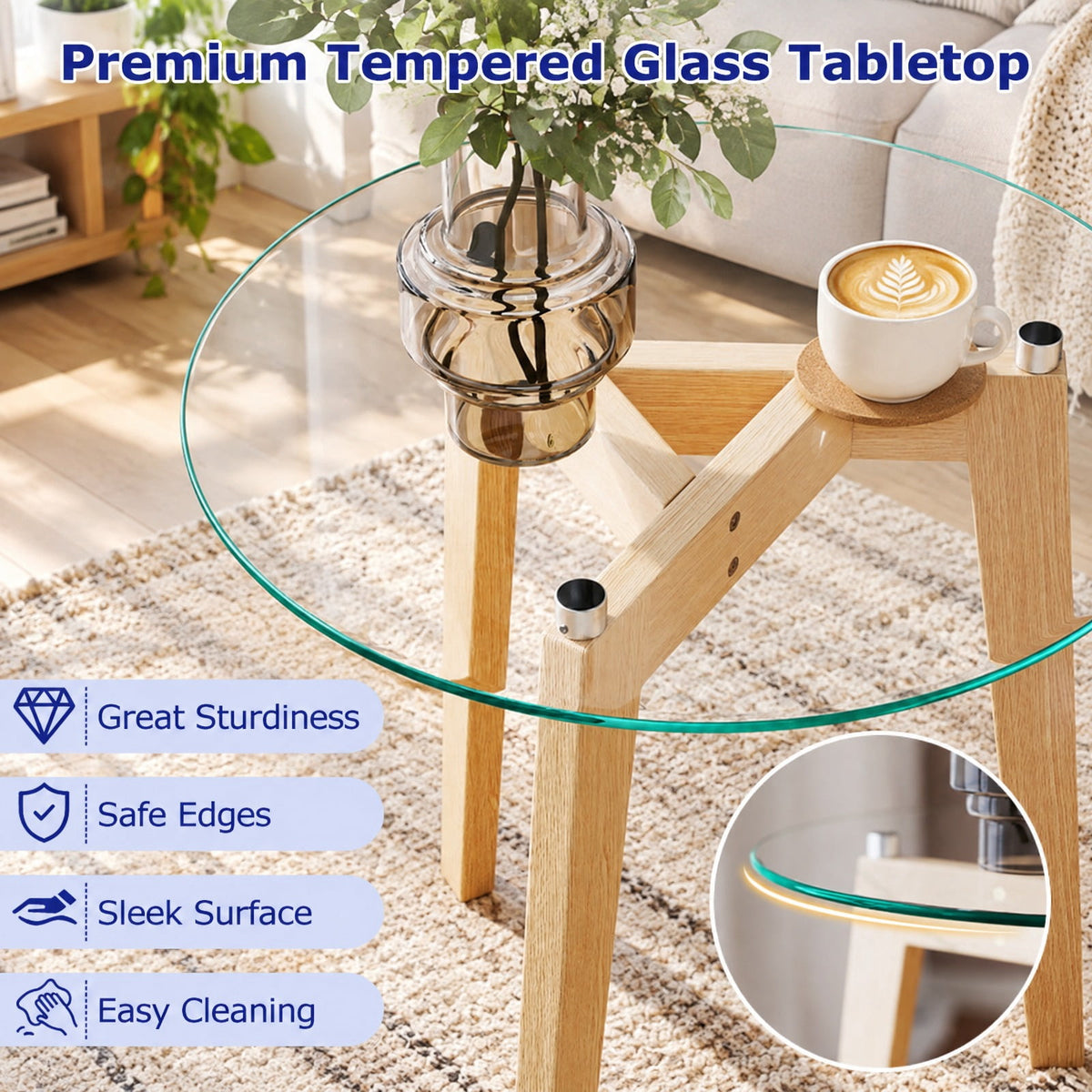Airfind Tempered Glass End Table Round with Solid Rubber Wood Structure-Set of 2, 110 lbs Capacity, Tempered Glass Rubber Wood Plywood Frame
