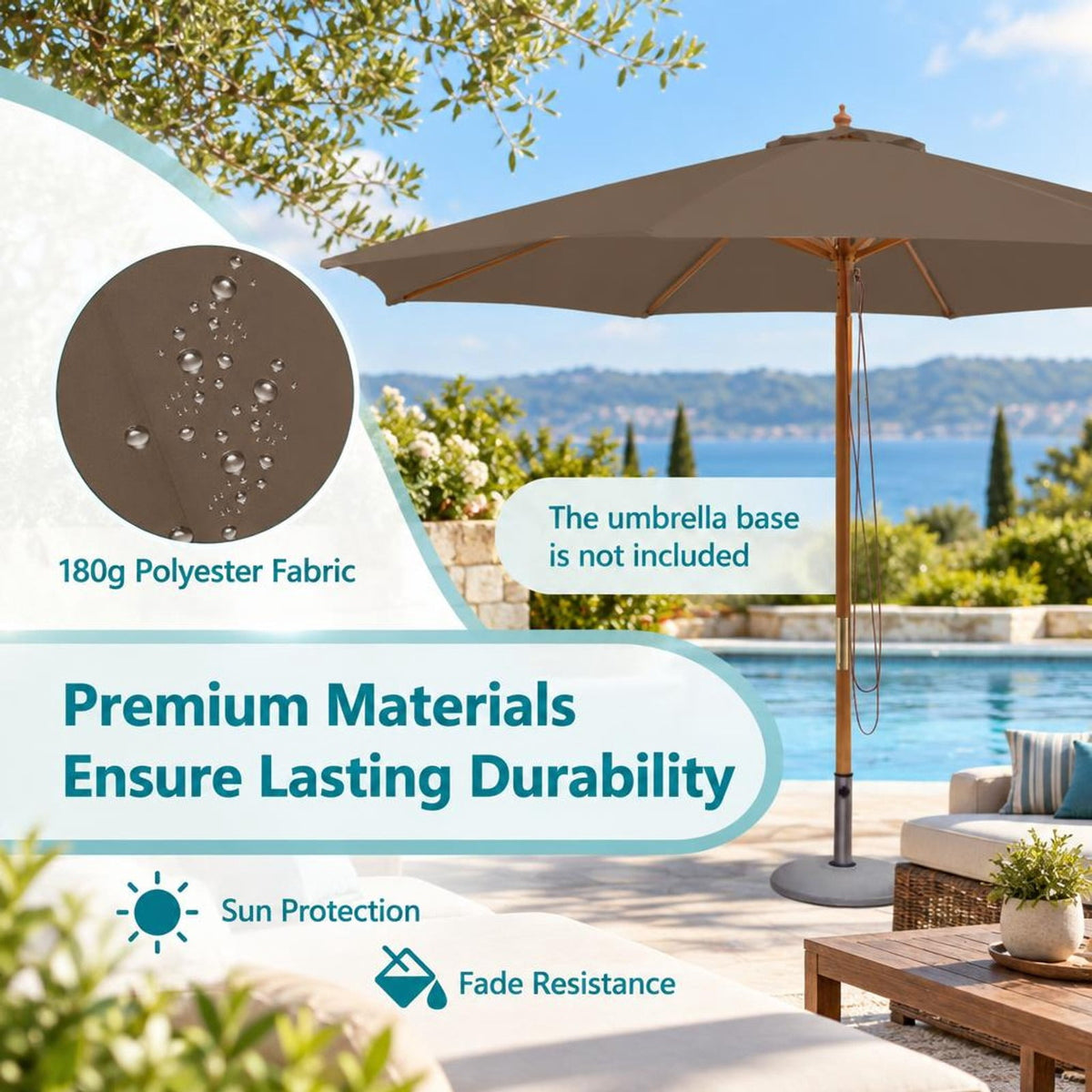 Airfind 10 Feet Patio Umbrella with 8 Wooden Ribs and 3 Adjustable Heights, 180G polyester fabric PP bamboo wood Frame, Brown