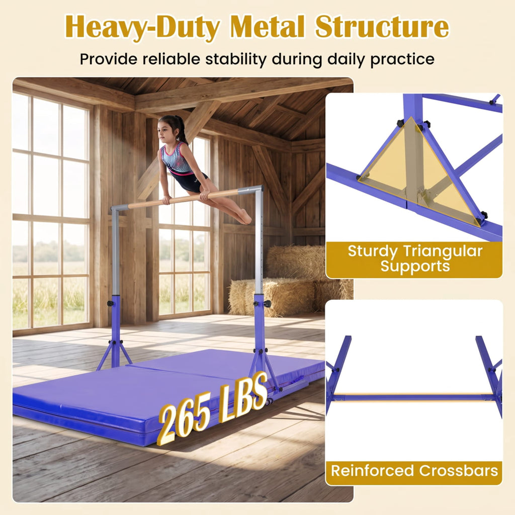 Airfind Foldable Gymnastics Bar for Kids with 3 Level Adjustable Height and Bamboo Grip Bar for Home Balance and Coordination Training, Purple