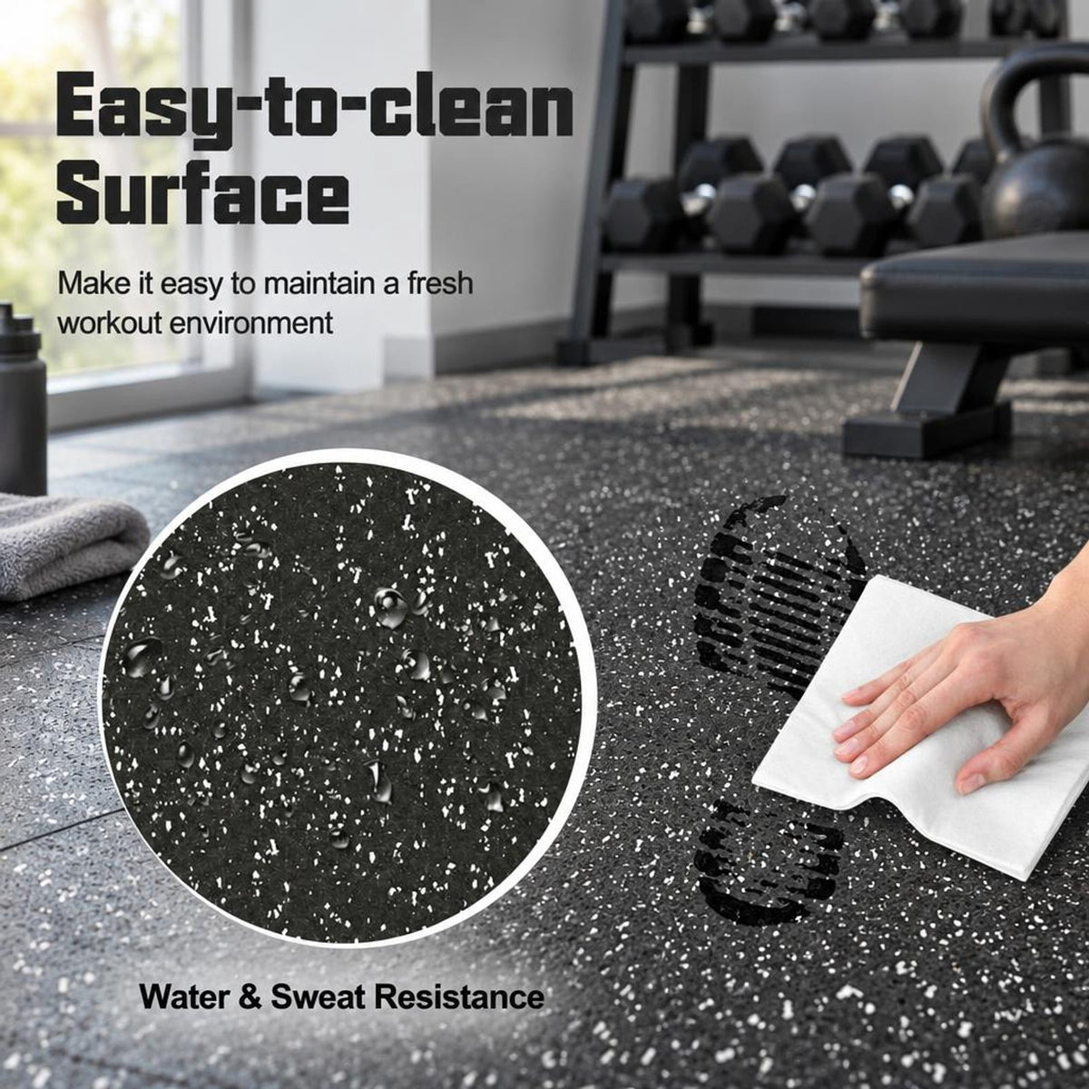 Airfind 0.79 inch Thick Rubber Top Exercise Mat 48 Sq Ft with Boarders, Rubber PE Foam Frame, of 12 Tiles 6 x 8 ft Total Footprint, Black
