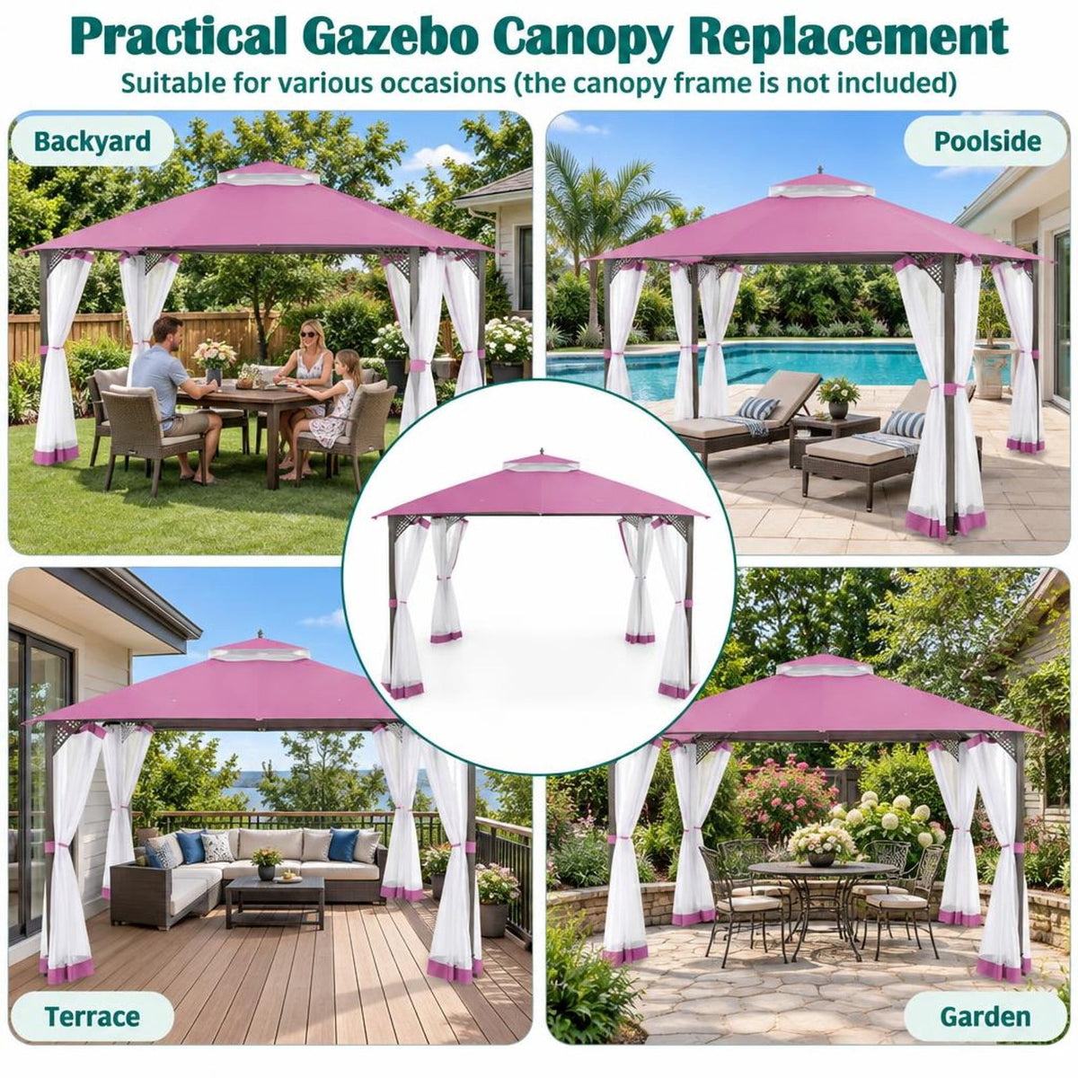 Airfind 10 x 12 Feet Gazebo Replacement Top with Air Vent and Drainage Holes, Polyester Frame, 12 ft x 10 ft Footprint, Pink