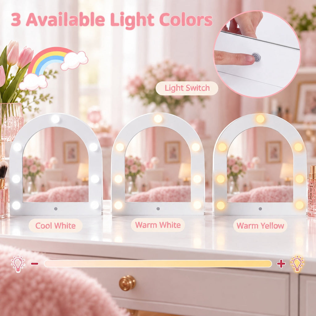 Airfind 2-In-1 Kids Vanity Set with Lights and Ring Slots for Toddlers 3+ Years Old, 45 lbs Capacity, MDF Non-woven Fabric Frame, White