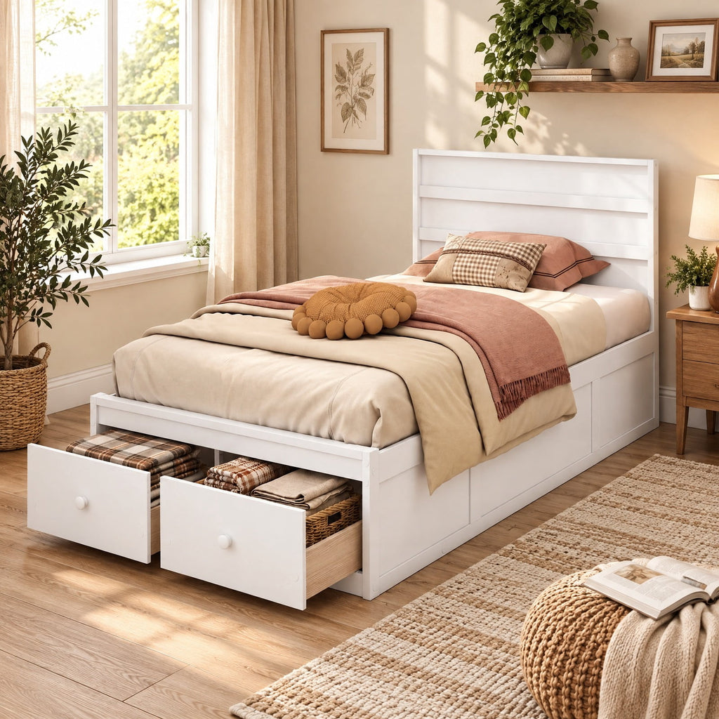 Airfind Twin Size Bed Frame with Storage Drawers and Headboard, 350 lbs Capacity, Solid Wood Plywood Engineered Wood MDF Frame, White